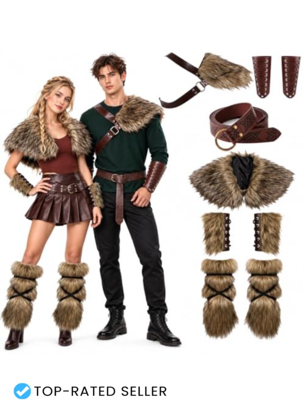 Viking Costume Set Renaissance Faire Faux Fur PU Leather Accessories